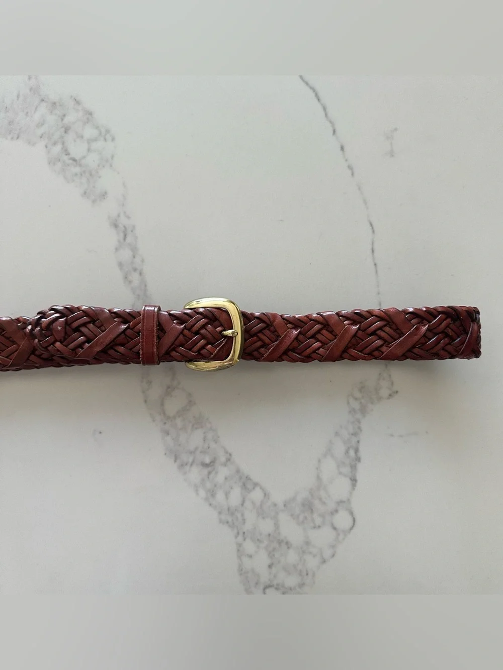 Vintage Talbots Braided Leather Belt Solid Brass Square Buckle Warm Brown Large
